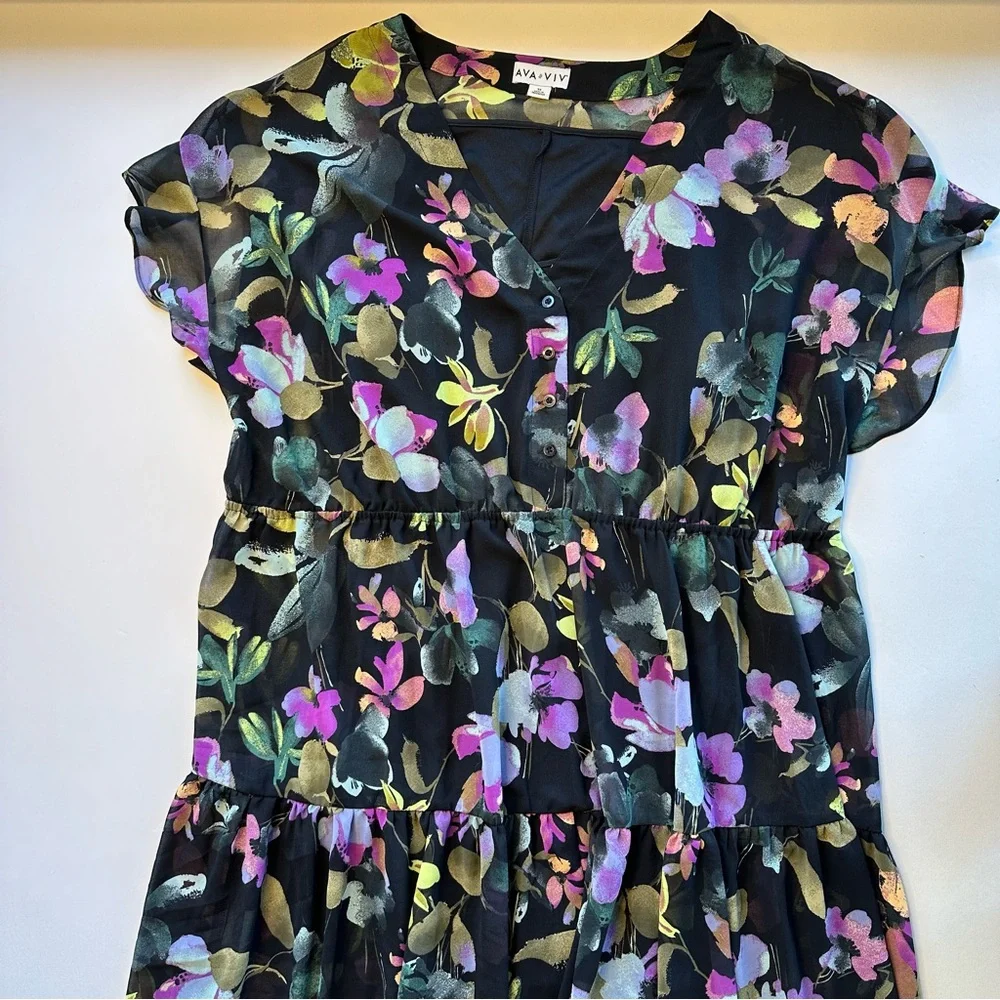 Ava & Viv Women 3X Maxi Dress Black Floral Multi Sheer Tiered Flutter Sleeves - Picture 3 of 14